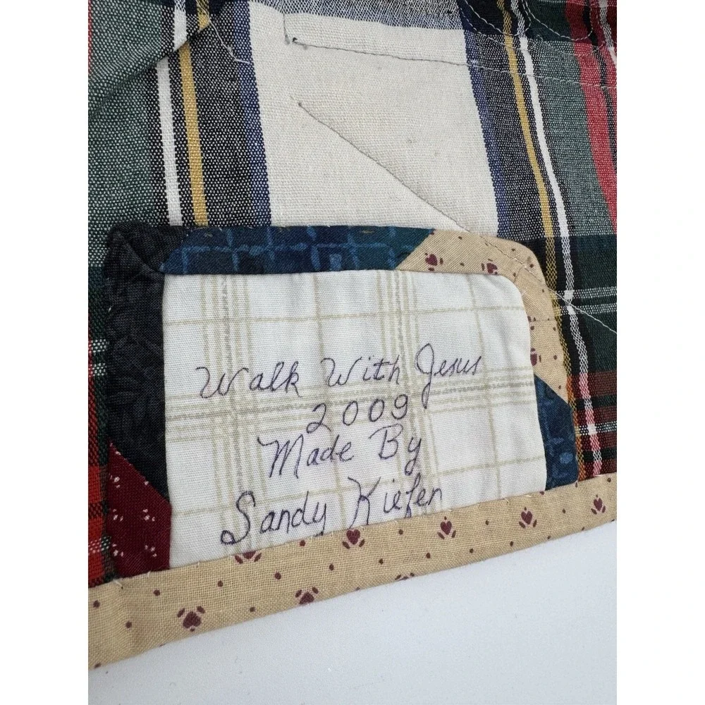 Handmade Signed Lap Quilt Walk With Jesus 2009 Burgundy Blue Throw 48x47